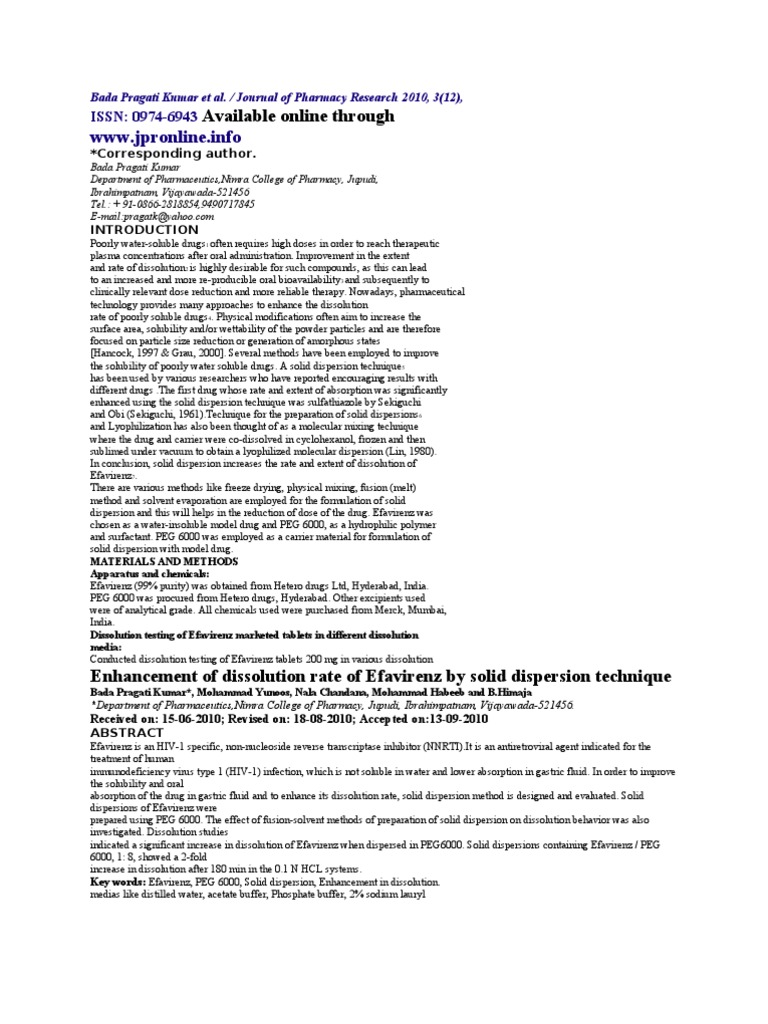 Enhancing Efavirenz Dissolution via Solid Dispersion | PDF ...