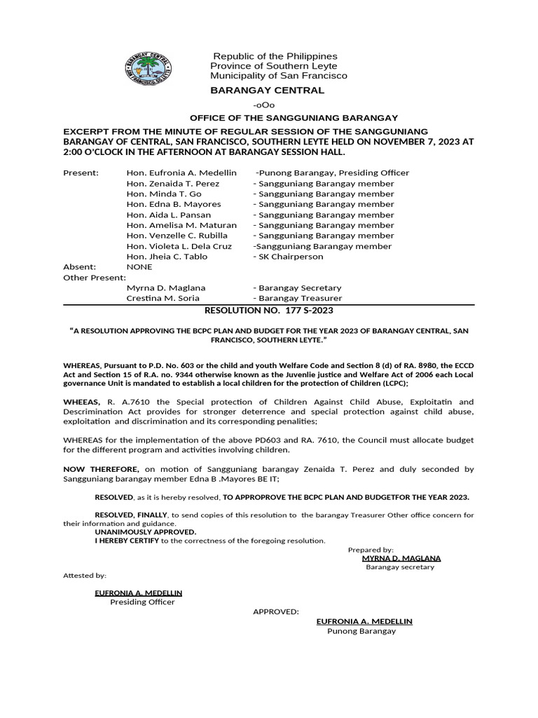 Excerpt Minutes GAD PLAN 2022 BCPC Resolution | PDF