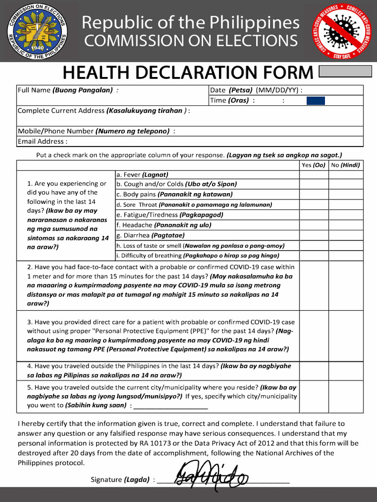 COVIDDECLARATIONFORM Fillable | PDF | Clinical Medicine | Symptoms And ...