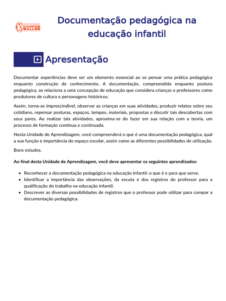 Documentação Pedagógica na Educação Infantil | PDF | Pedagogia ...