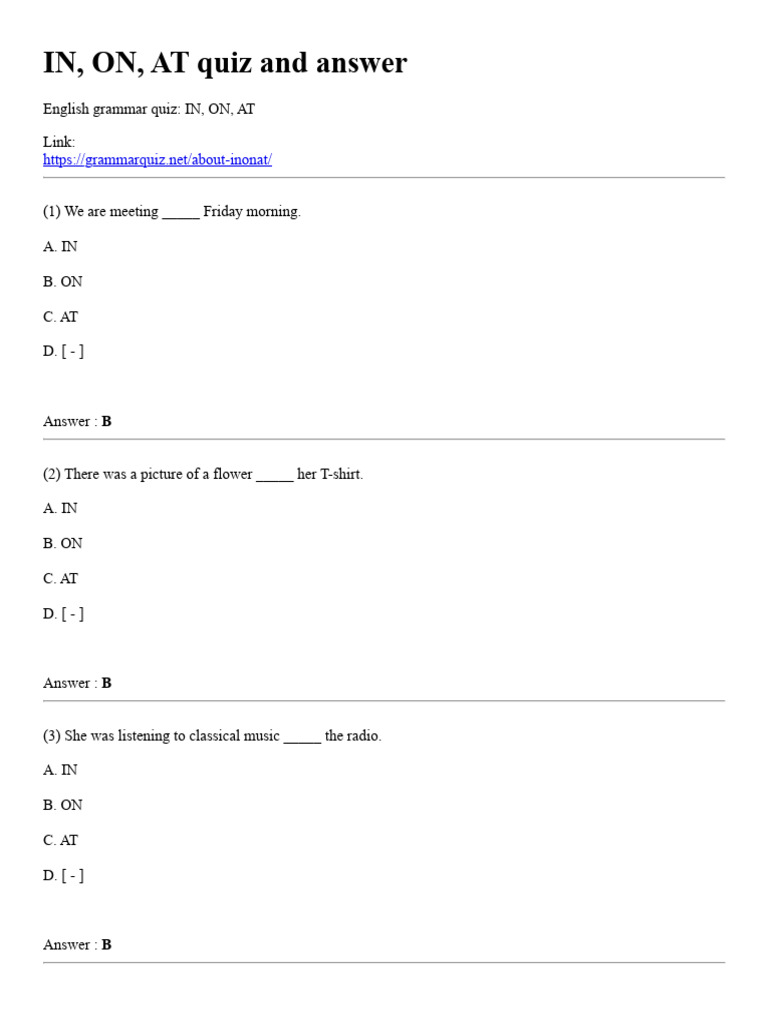 In, On, at Quiz and Answer | PDF