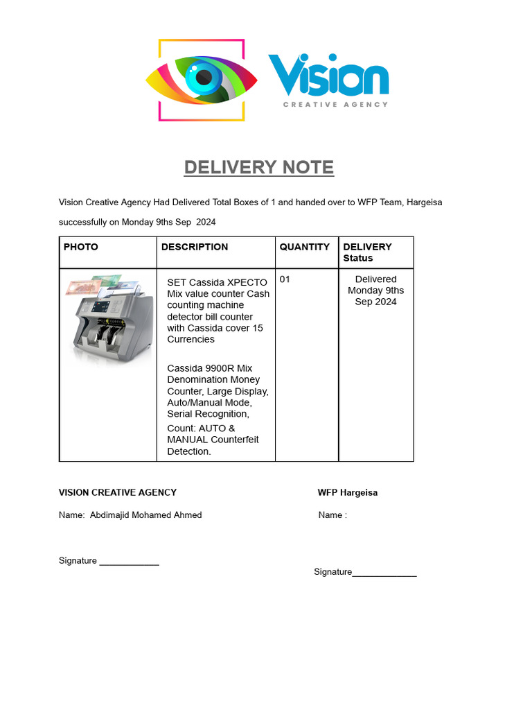 WFP Water Boiler Delivery Note Template | PDF