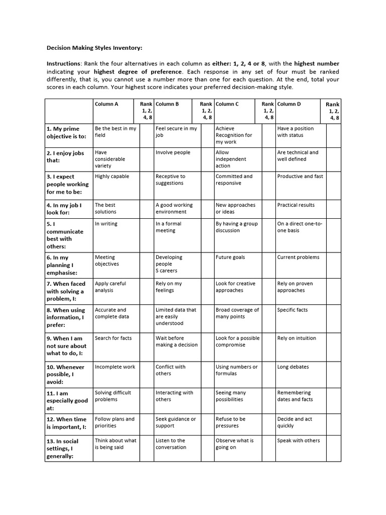W03 LiP Decision Making Styles Inventory - Writable | PDF