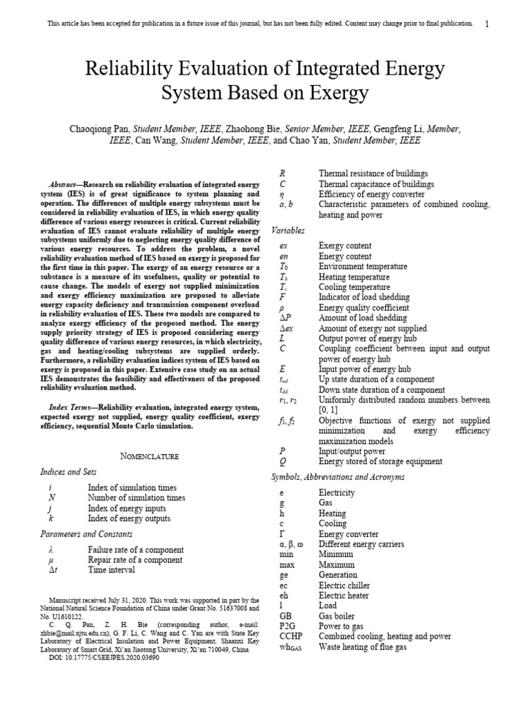 Reliability Evaluation of Integrated Energy System Based On Exergy | PDF