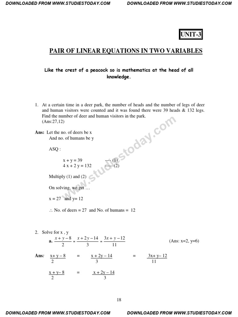 CBSE Class 10 Mathematics HOTs Pair of Linear Equations in Two ...
