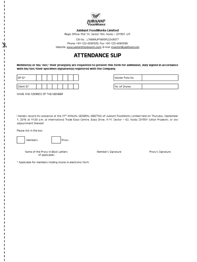 Attendance Slip for Jubilant AGM | PDF