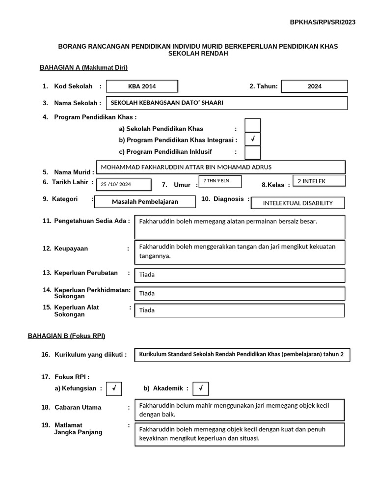 Borang Rpi Sekolah Rendah Mohd Fakharuddin | PDF