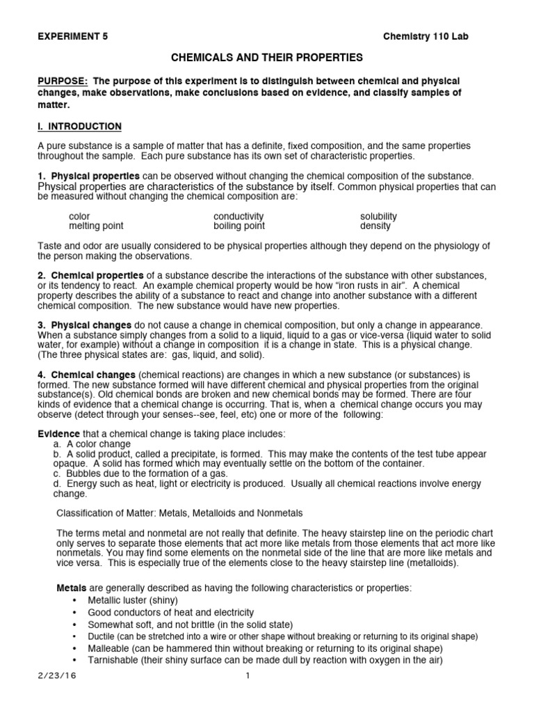 Chem 110 Exp 5 Chemicals and Their Changes 2015 | PDF