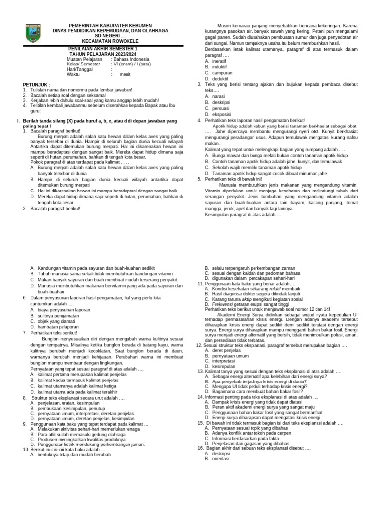 Soal Pas 1 Bi Kelas 6 TH 23 24 | PDF