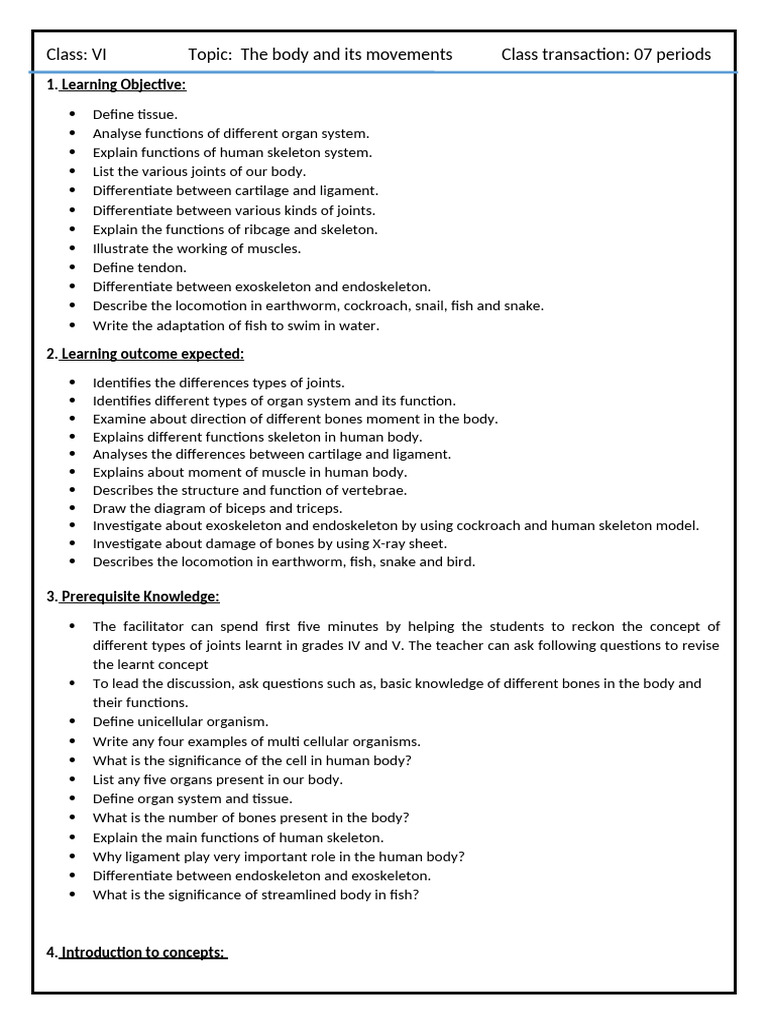 Lesson Plan VI The Body and Its Movements-1 | PDF