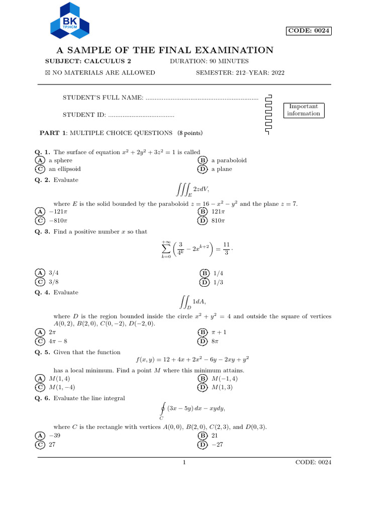 Calculus 2 Sample 1 Pdf