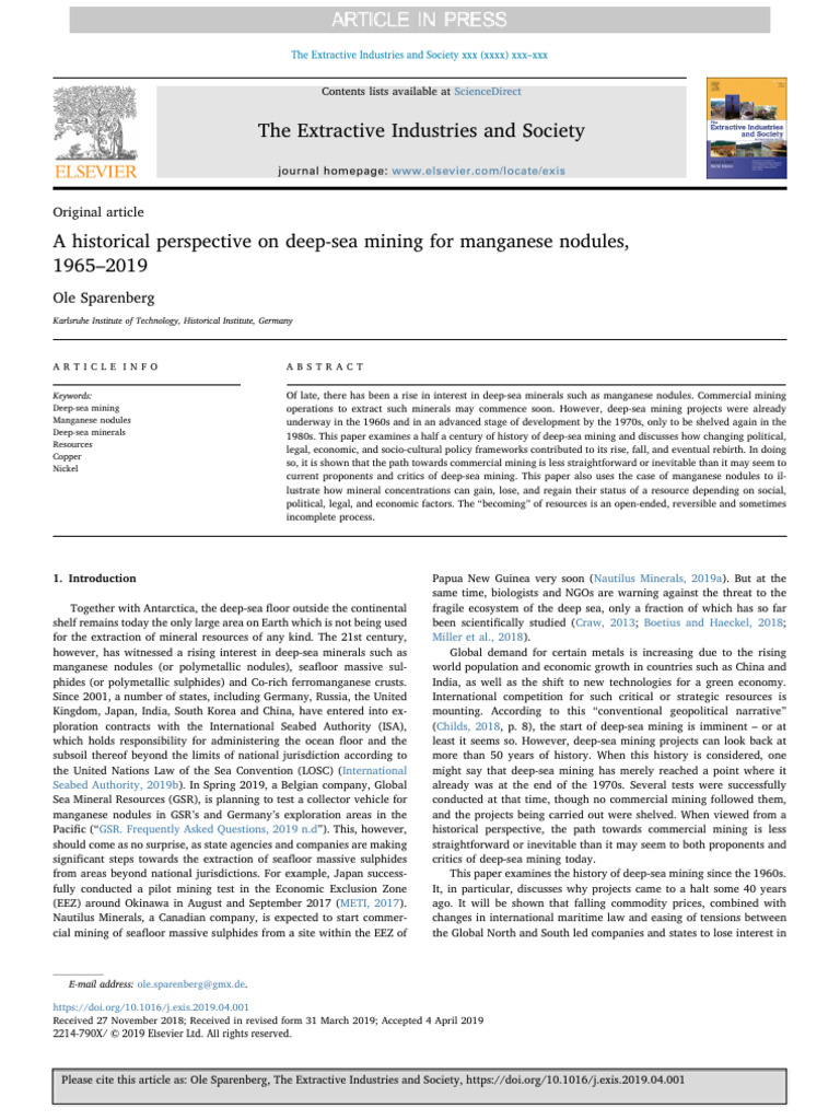 A Historical Perspective On Deep-Sea Mining For Manganese Nodules | PDF