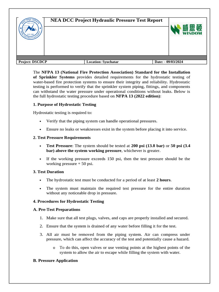 Hydraulic Pressure Testing Procedure For Fire Pipe | PDF