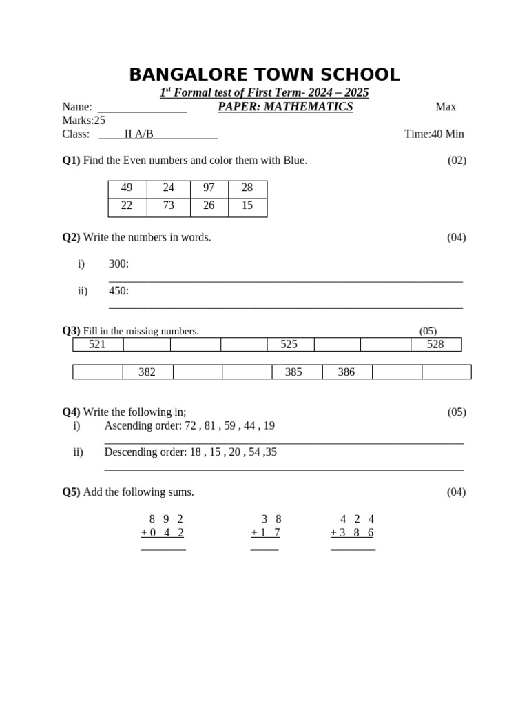 Class 2 Maths Test Paper 2024-2025 | PDF | Teaching Methods & Materials
