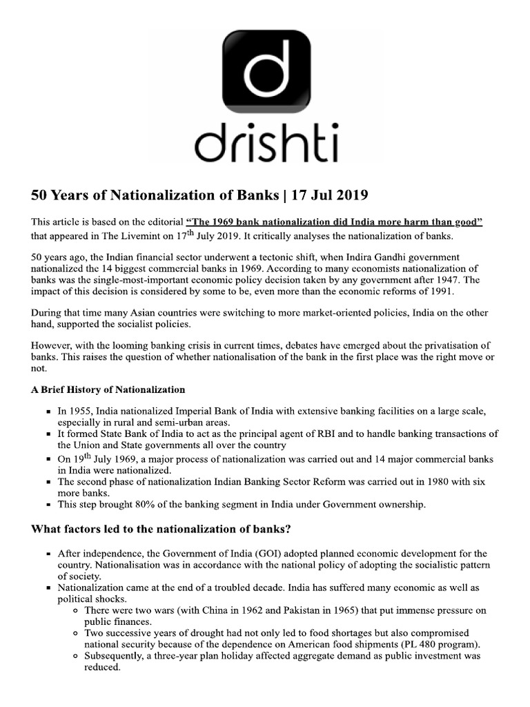 Nationalization of Banks in India | PDF