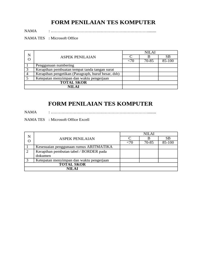 Form Penilaian Tes Komputer - Compress | PDF