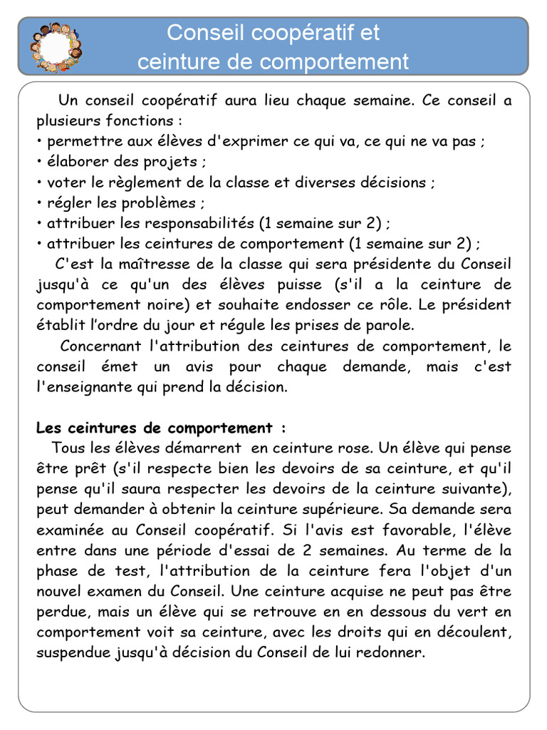 Conseil coopératif et ceintures comportement | PDF