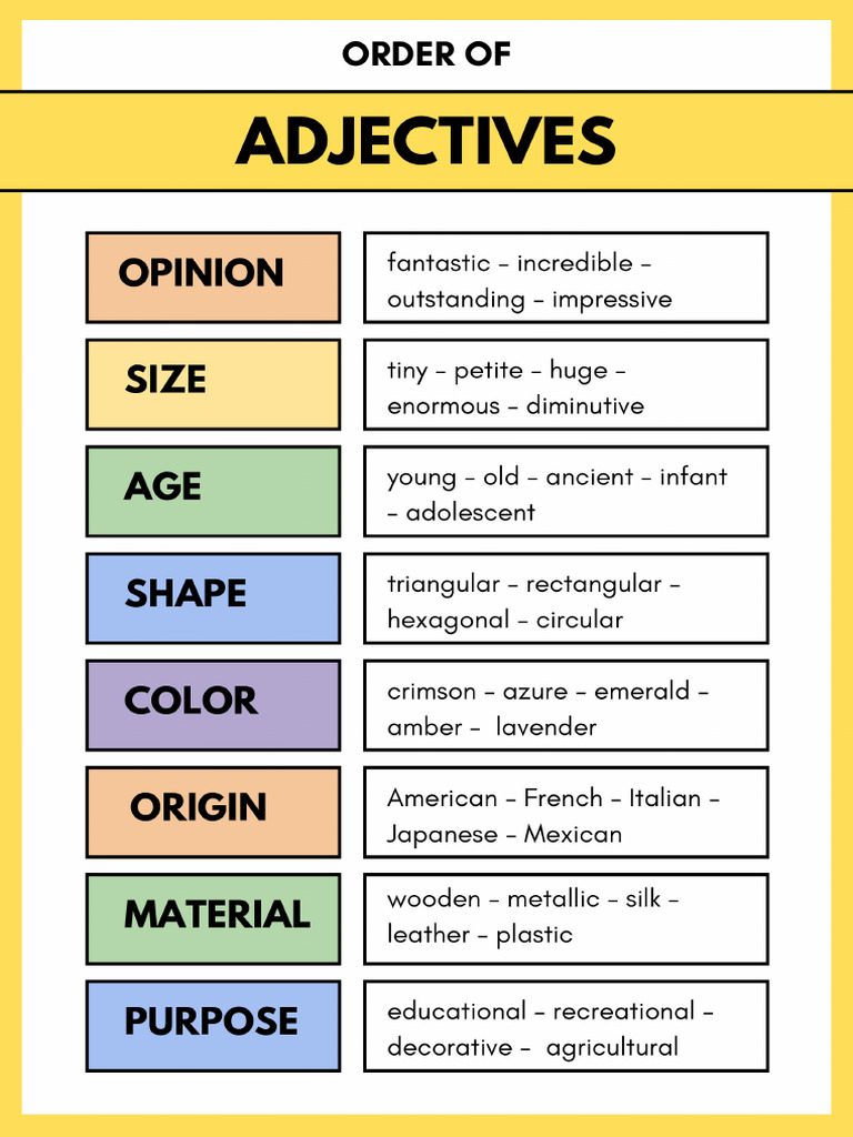 Order of Adjectives English Grammar Worksheet in Colorful Simple Style ...