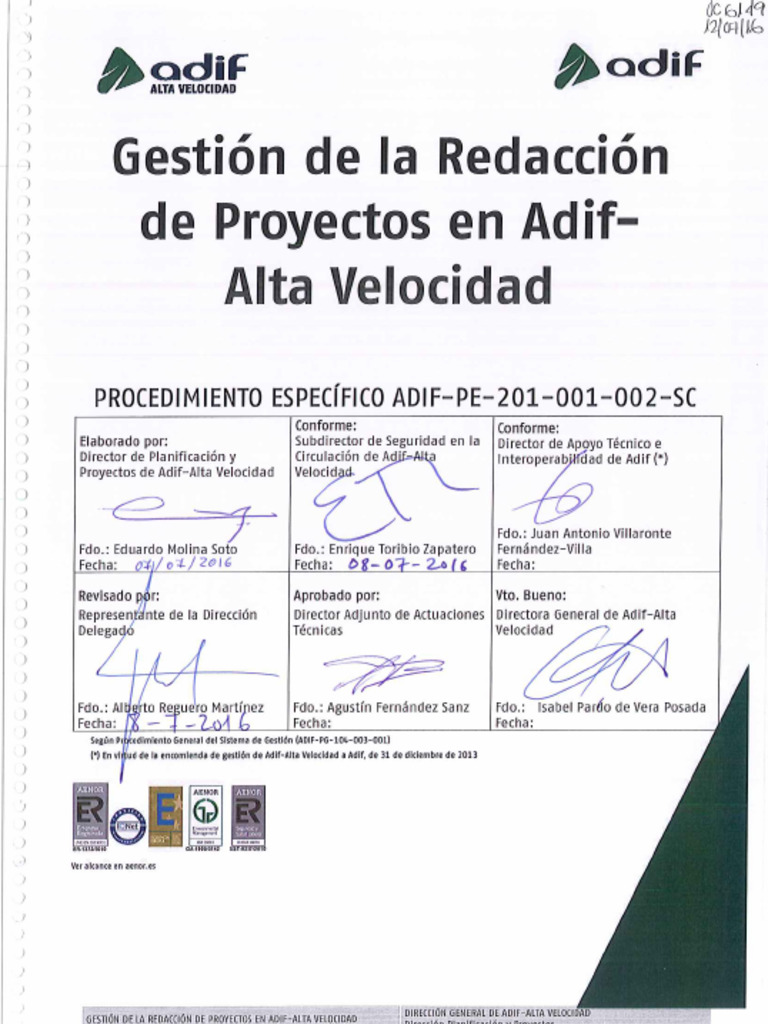 ADIF-PE-201-001-002-SC GestRed Proy-AdifAV - Rev.6 - Jul16 | PDF