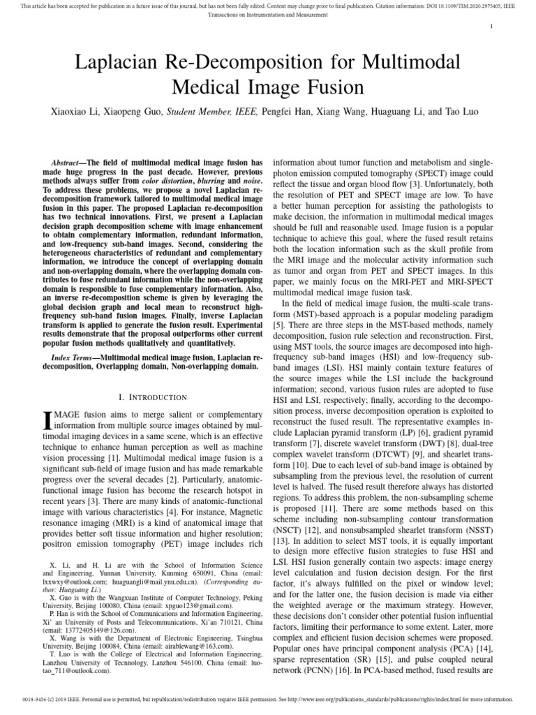 Laplacian Re-Decomposition For Multimodal Medical Image Fusion | PDF