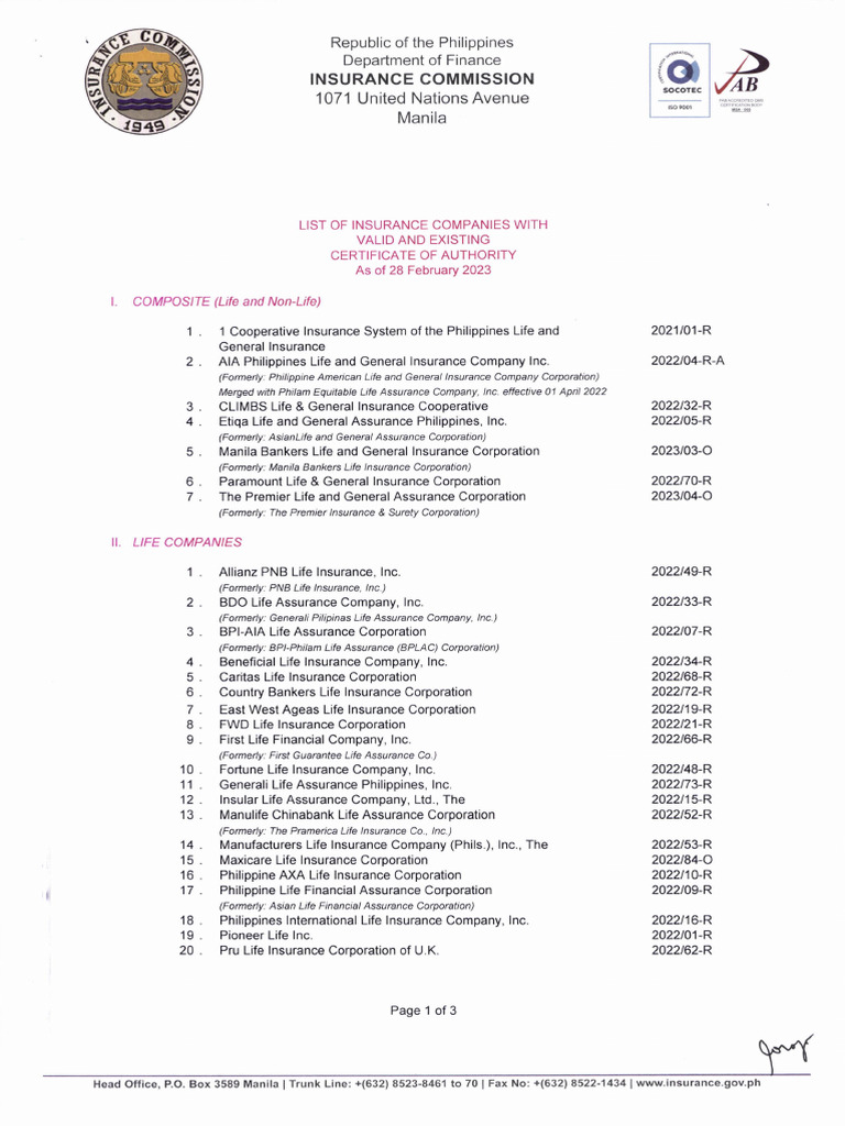 List of Valid Philippine Insurance Companies | PDF | Guarantee ...
