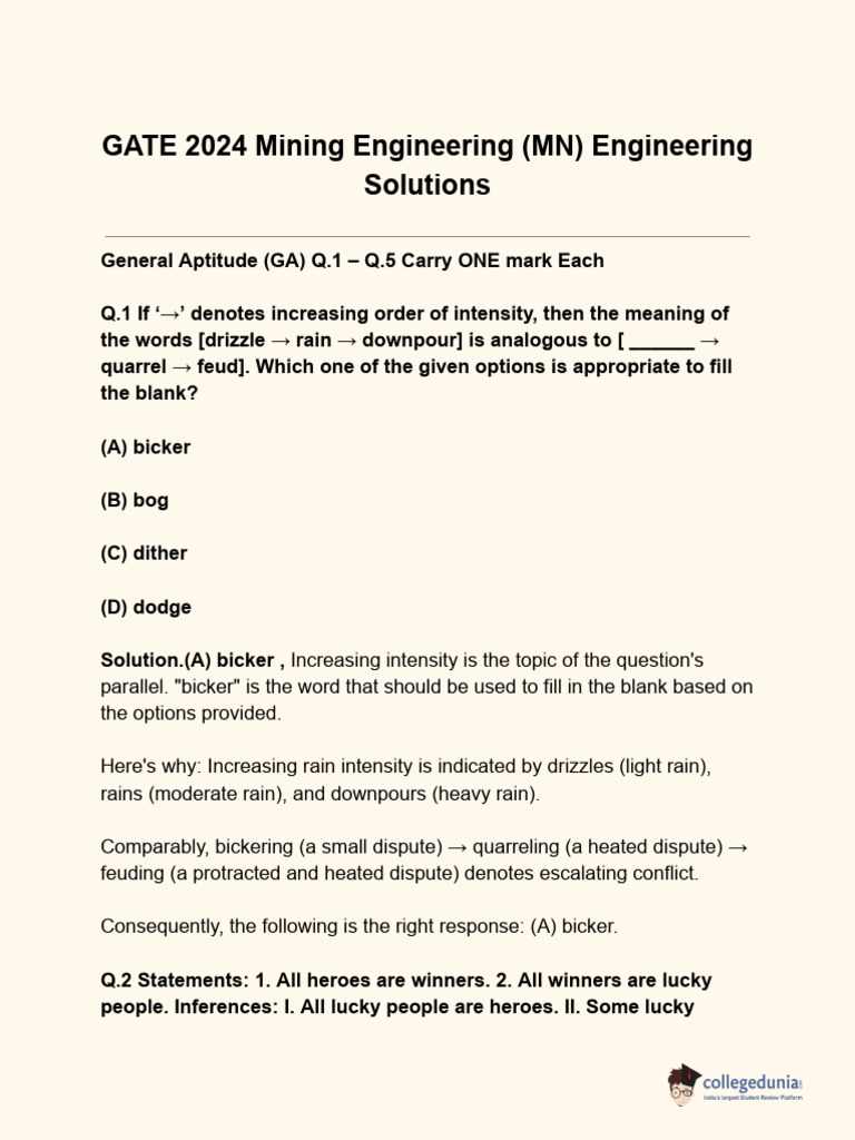 GATE 2024 Mining Engineering Solutions | PDF | Series And Parallel Circuits