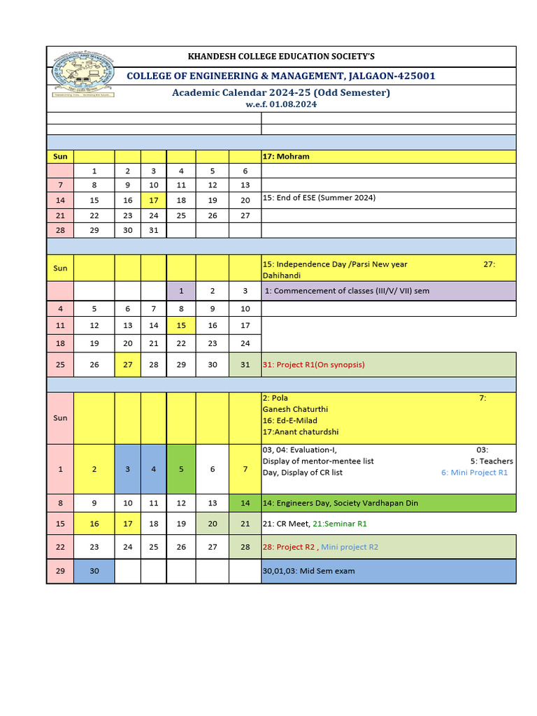Academic Calendar 2024-25 Odd Semester | PDF