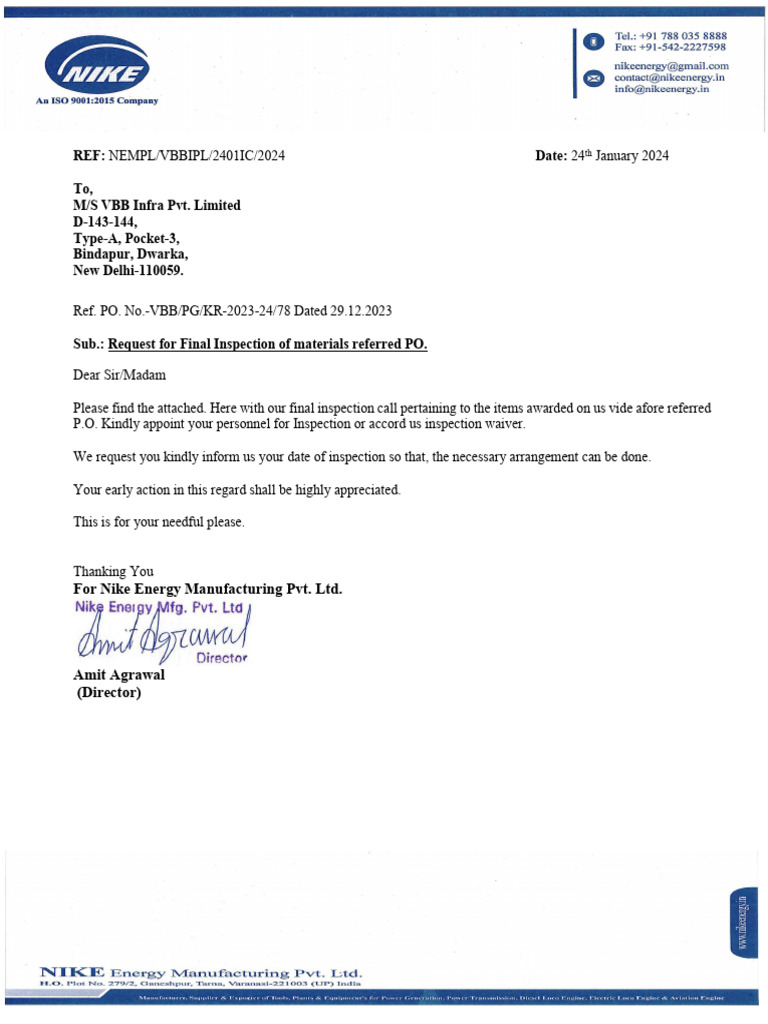 Inspection Call VBB Infra PVT LTD Dated 24.01.2024 | PDF | Electricity ...
