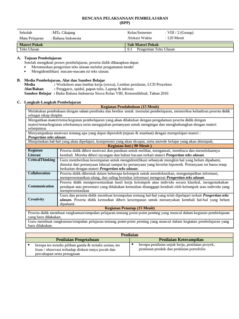 RPP B. Indo Kelas 8 Semester 2 | PDF