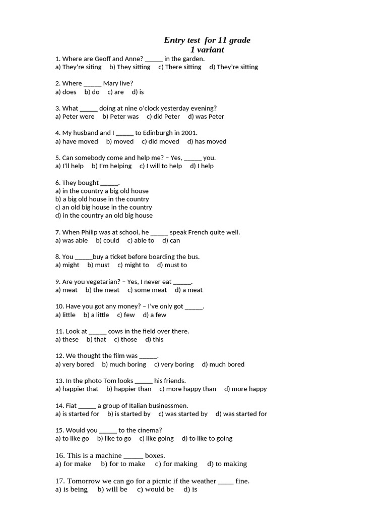 Entry Test Grade 11 | PDF