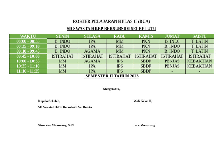 Roster Pelajaran Kelas Ii | PDF