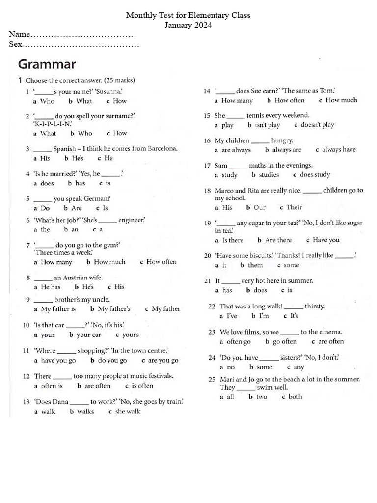 Monthly test for elementary class pdf