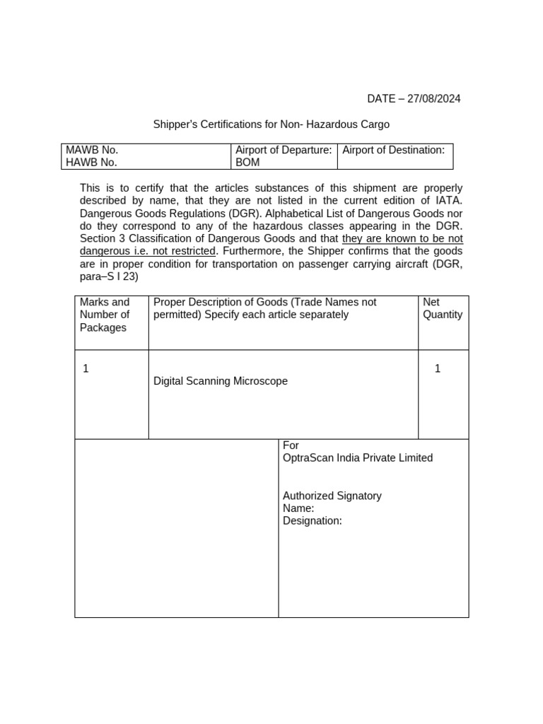 Non Haz Format - Iata | PDF