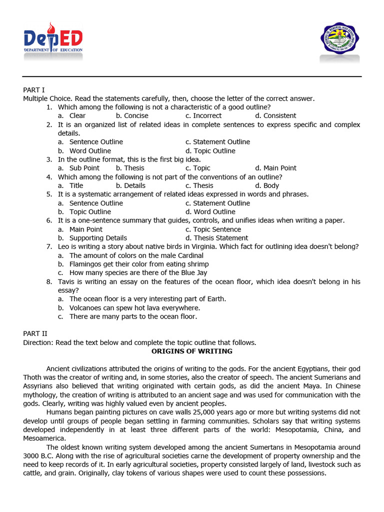 Origin Of Writing Reading Answers