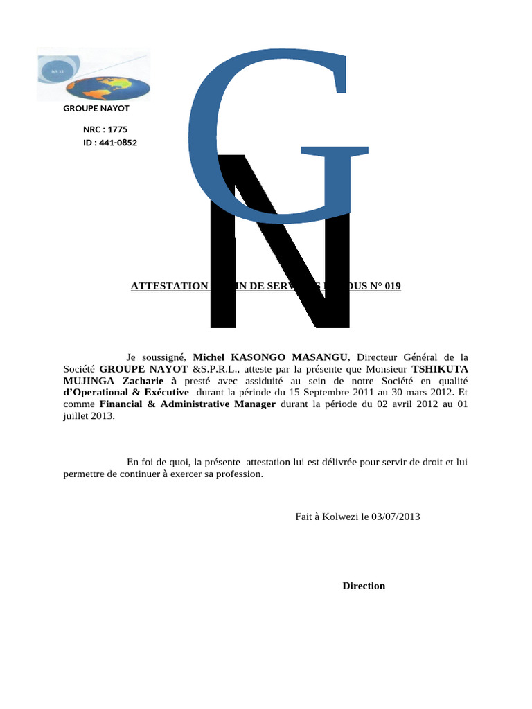 Attestation de Fin de Services Rendus N | PDF