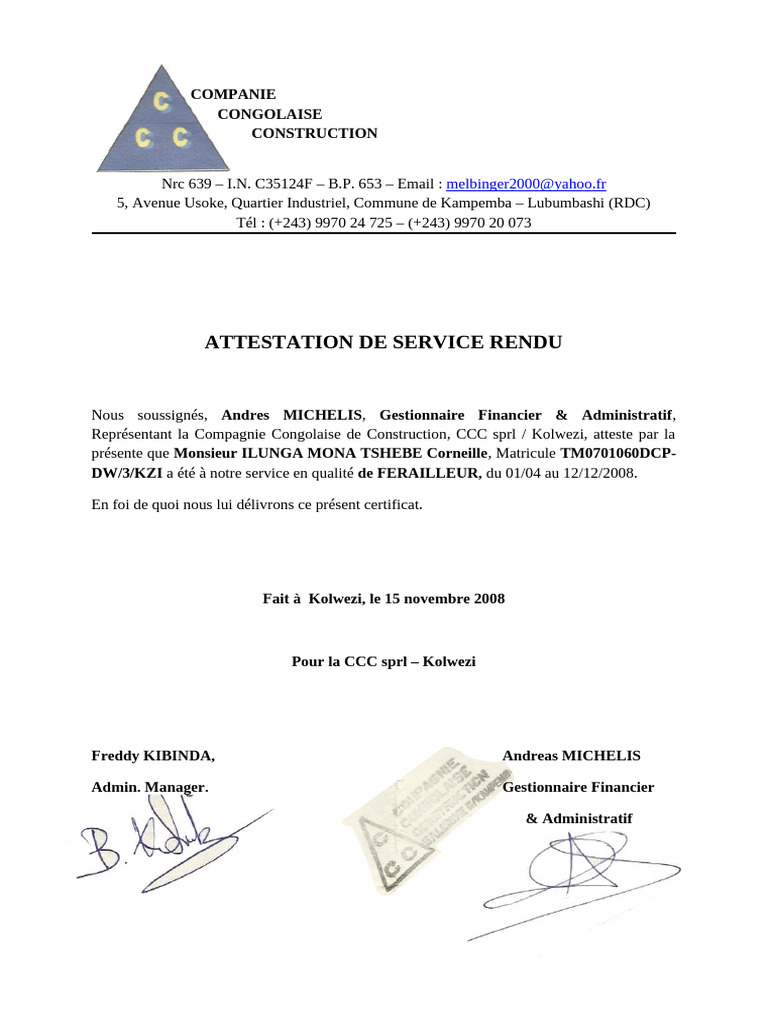 Attestation de Fin de Services CCC | PDF
