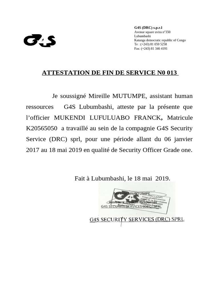 Attestation de Fin de Service Groupe 4 Securicor 2 Mu | PDF
