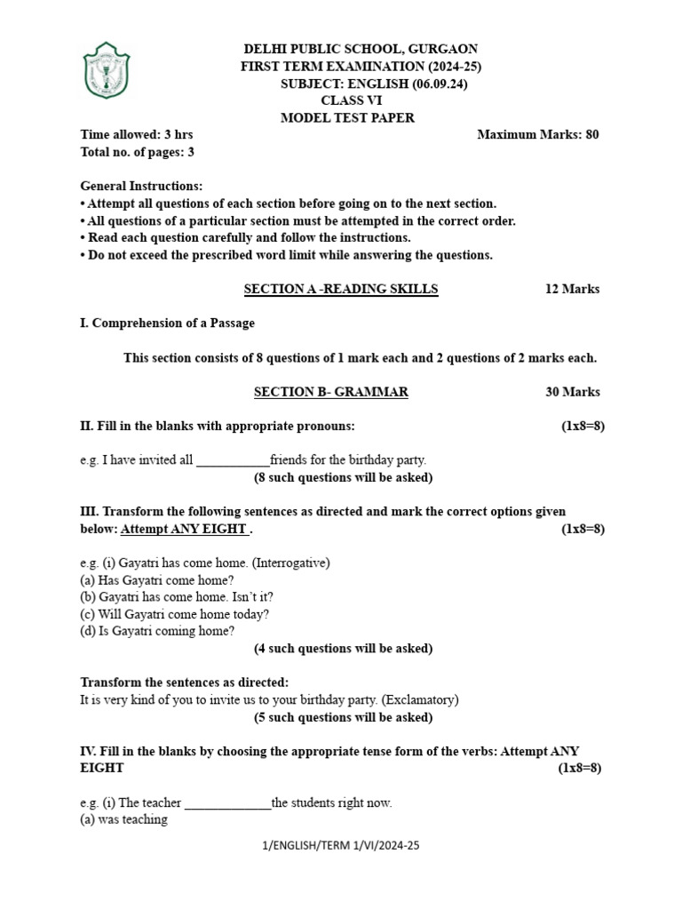 Class VI Eng Model Test Paper Term I 2024-25 | PDF