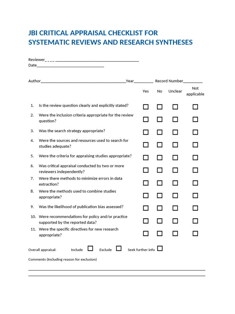 JBI Checklist for Systematic Reviews | PDF | Systematic Review | Cognition
