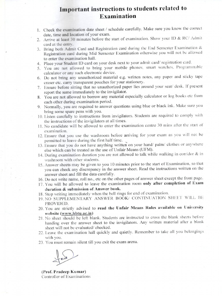Instruction To Students Related To Examination | PDF