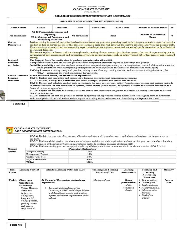 BSAIS 2 Cost Accounting and Control Syllabus v2 | PDF