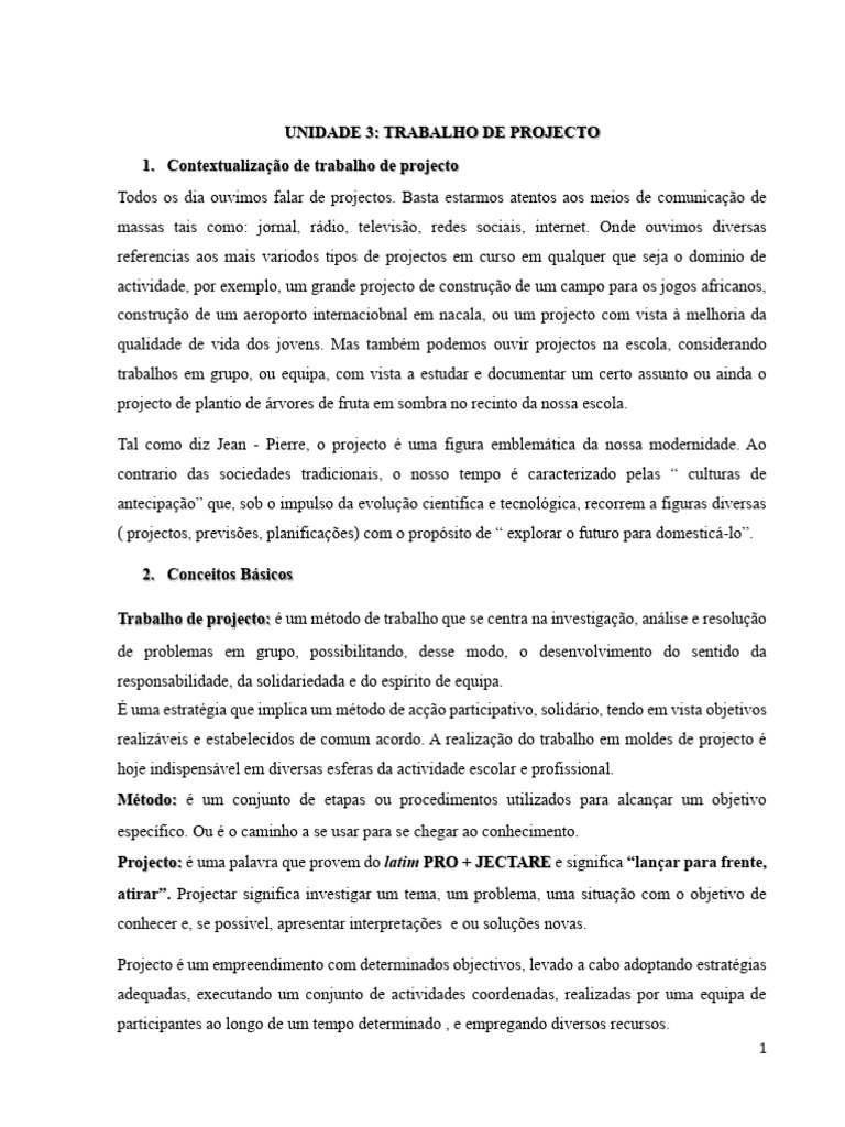 Texto de Apoio - Unidade 3 - Trabalho de Projecto 2024 - 065710 | PDF