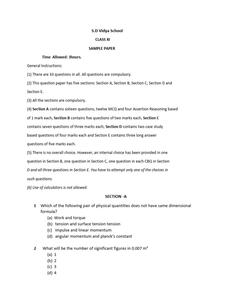 Sample Paper Physics Xi | PDF