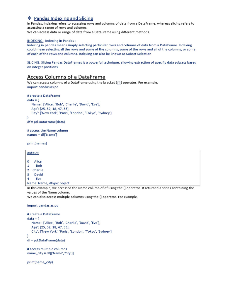 Pandas Indexing and Slicing DATAFRAME Notes | PDF