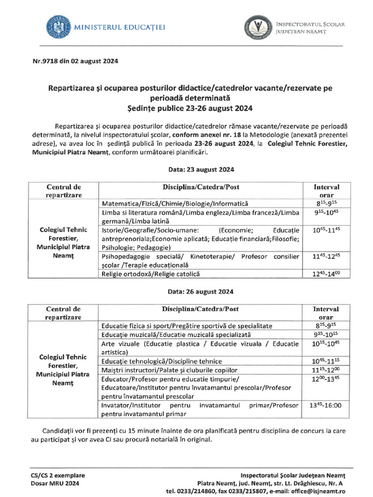 Repartizarea Si Ocuparea Posturilor Didactice - Catedrelor Vacante ...