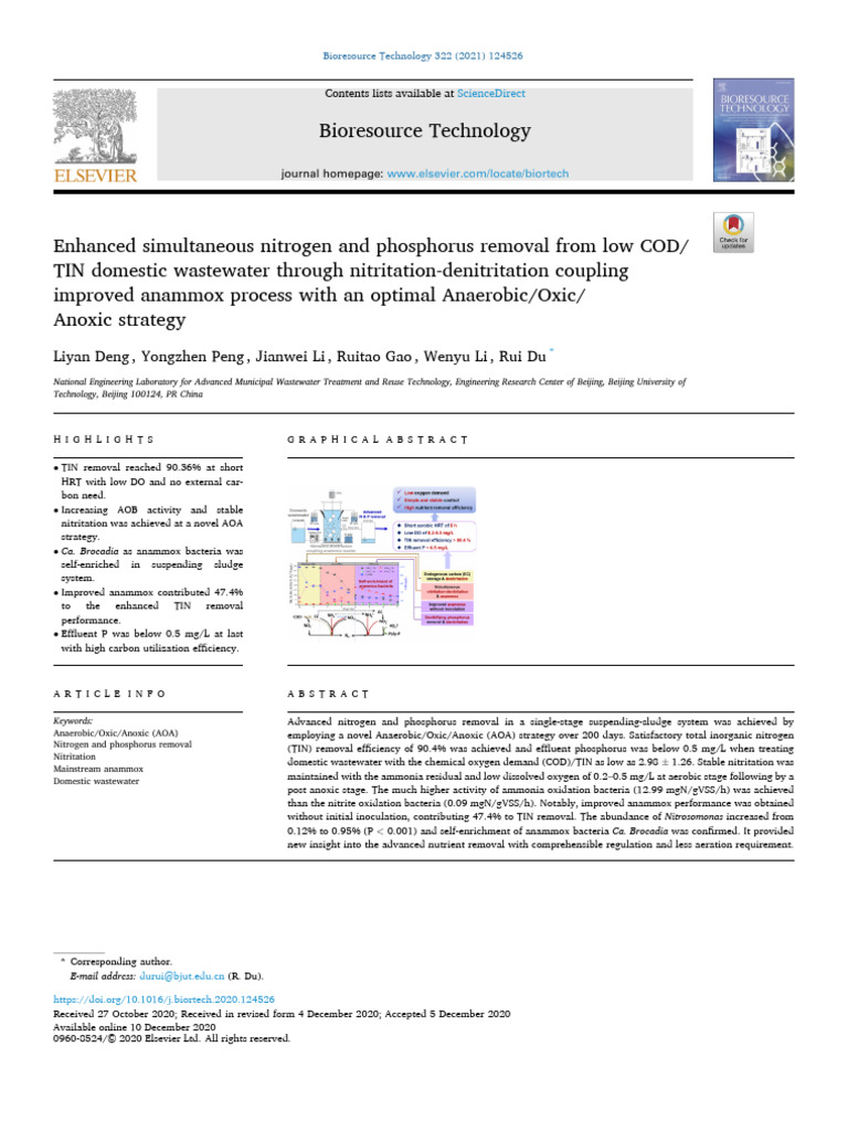 Enhanced Simultaneous Nitrogen and Phosphorus Removal From Low COD | PDF