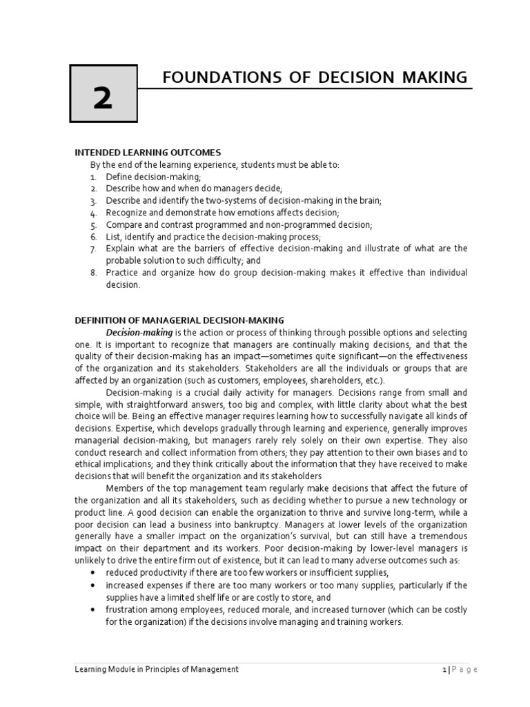 Chapter 2 Foundation Of Decision Making Pdf