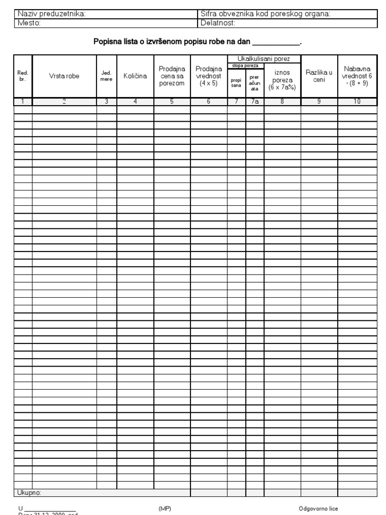 Popisna Lista Robe | PDF