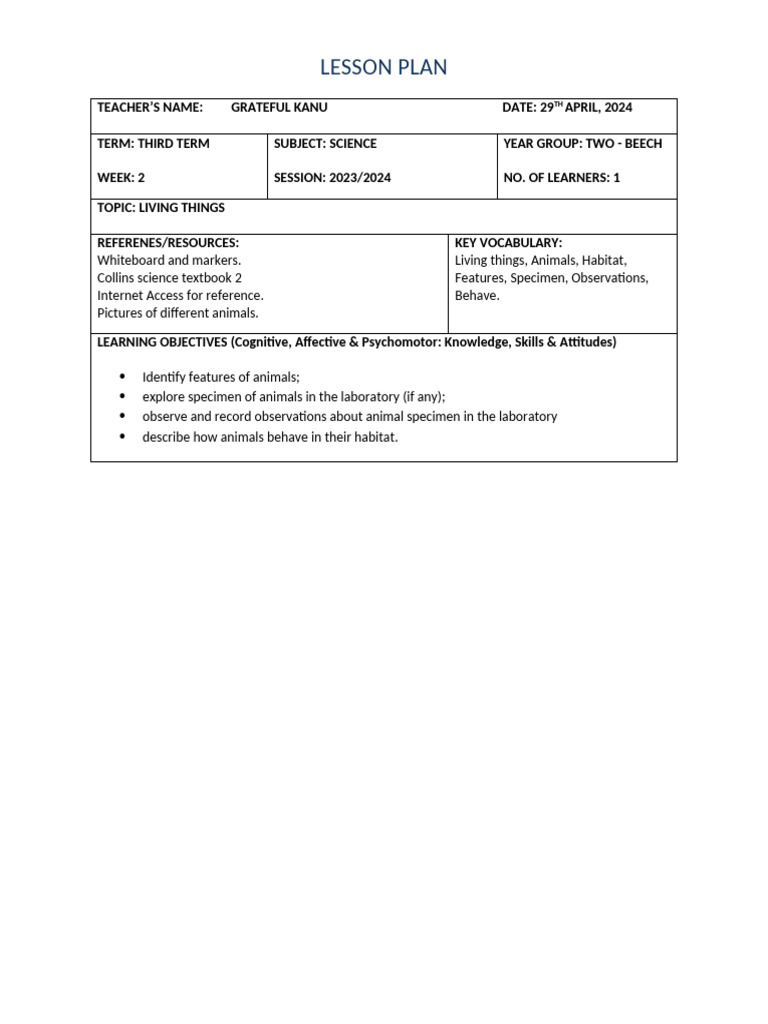 Lesson plan living things stem y2 pdf