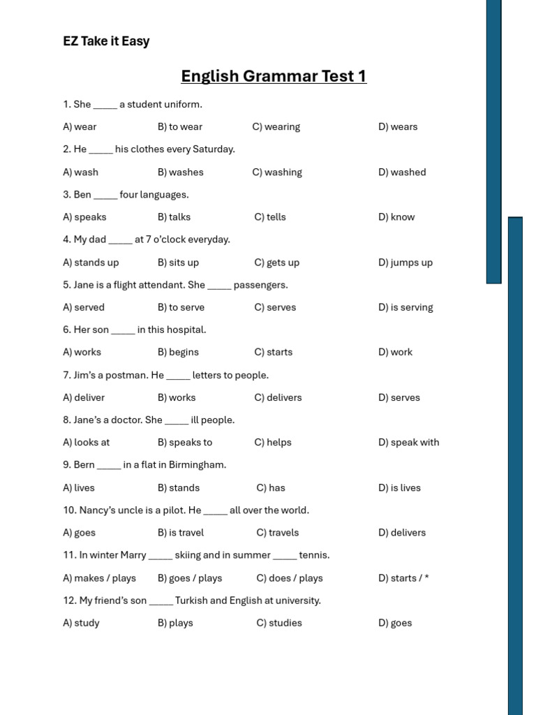 English Grammar Test 1 Pdf